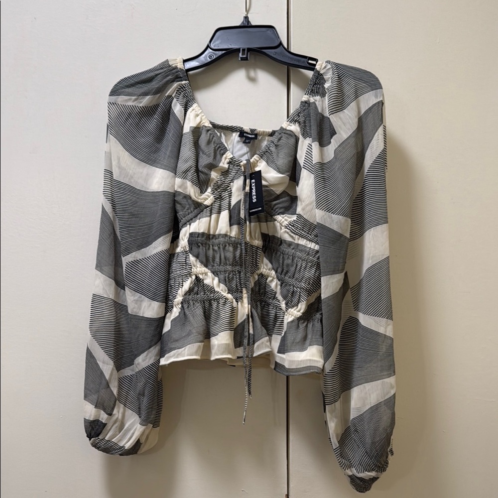 Express Gray and White Long Sleeve Tie Front Crop Blouse